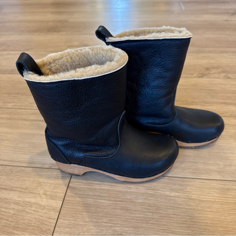 No.6 Shearling Pull On Clog Boots Black Leather Sz 34